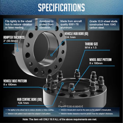 Wheel Accessories Parts 1 Pc Steel Hub Centric Wheel Spacers 8 on 180mm 2.0 Inch Thick 124.1mm Hub M14x1.5 14x1.5 Thread Stud Fits Chevy Silverado GMC Sierra 2500 3500 Single Rear Wheel (SRW) - size: With Lip, style: 2.00" Steel (1 Pack)