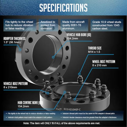 Wheel Accessories Parts 1 Pc Steel Hub Centric Wheel Spacers 8 on 210mm 1.5 Inch Thick 154.2mm Hub M14x1.5 14x1.5 Thread Stud Fits Chevrolet Silverado GMC Sierra 3500HD (Dually - Front Only) - size: With Lip, style: 1.50" Steel (1 Pack)