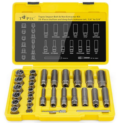Topec Deep Bolt Extractor Set 28PCS, 3/8" Drive Stud Remover kit - color: 28pcs