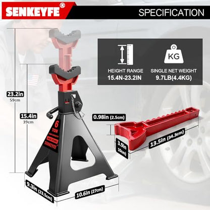 6 Ton (13,200 LBs) Jack Stands with Double Pin Locking,Rubber Cover and Large Foot Base,15"-23" Adjustable Height,Heavy Duty Car Jack Stands,Lifting Bus,RV,SUV,MPV,Pickup Truck,ATV/UTV,1 Pair - color: red-standard, size: 6ton Load Capacity