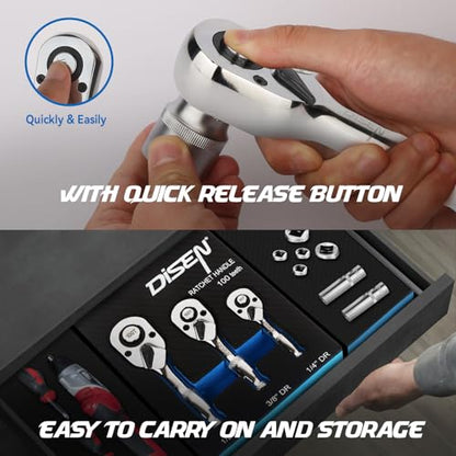 DISEN 3-Piece Stubby Ratchet Set – 1/4", 3/8", 1/2" Drive | 100-Tooth Ratchet with EVA Storage Tray | Quick Release Button | Non-Slip Grip | Reversible 3.6° Design for Tight Spaces, Chrome Finish - color: Stubby Ratchet Set