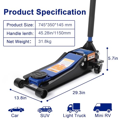 3 Ton Heavy Duty Low Profile Floor Jack, Dual Pump Hydraulic Jack with 3"-19.5" Lifting Range & Long Handle for Cars, Trucks, SUV, Garage Jack with Safety Lock, Blue