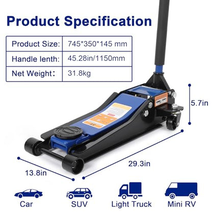 3 Ton Heavy Duty Low Profile Floor Jack, Dual Pump Hydraulic Jack with 3"-19.5" Lifting Range & Long Handle for Cars, Trucks, SUV, Garage Jack with Safety Lock, Blue