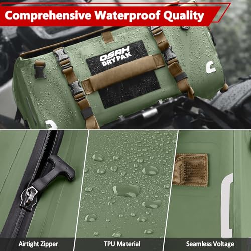 OSAH DRYPAK Waterproof Motorcycle Tail Bag, 40L Waterproof Duffel Bag, Motorcycle Dry Bag, Multifunctional Luggage Bag with Shoulder Straps for Travel, Camping, Fishing - color: Olive green