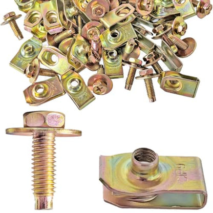 100PCS M6-1.0 Body Bolts & U Nuts Kits for Engine Cover Bumper Fender Liner, Metal Rust-Resistant Automotive Body Screws Clips (50 Sets), Gold - color: Gold