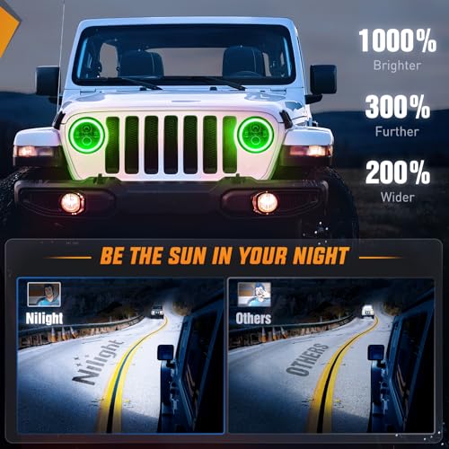 Nilight 2PCS 7 Inch LED Halo Headlights w/Turn Signal Amber Green DRL - color: JK Headlight Green Amber 2Pcs