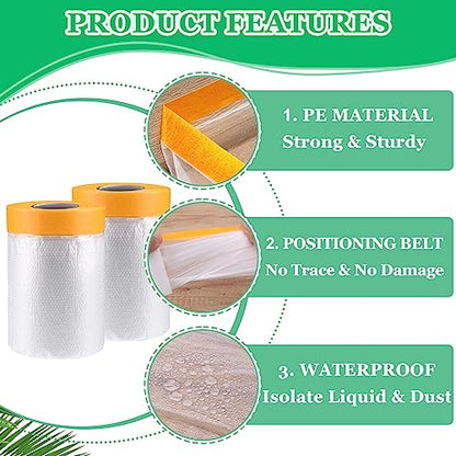 3 Rolls Pre-Taped Painting Masking Film, 5 x 65.6 Feet