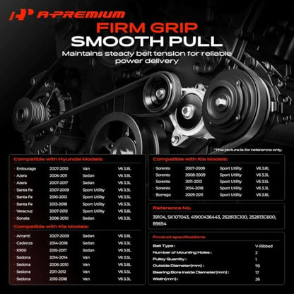 A-Premium Belt Tensioner Assembly with Pulley Compatible with Hyundai, Kia