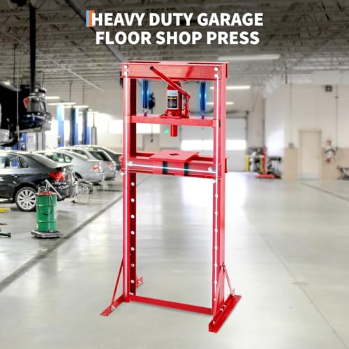 12 Ton Floor Shop Press, H-Frame Hydraulic Press with 2 Steel Movable Plates, Triangle Support & 6 Adjustable Height Beds for Garage Bearing Removal, Metalworking, 26000 LBS, Heavy Duty, Red