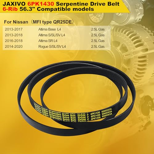 6PK1430 Serpentine Belt V-Ribbed Drive Belt Compatible with L4 2.5L 13-17 Altima Base,13-18 A-ltima S/SL/SV,14-18 Alti-ma,14-20 Rogue L4 2.5L Gas Only Replace K060563A,106056 - size: 6PK1430-1430mm