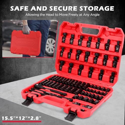 71-Piece 3/8" Drive Master Impact Socket Set, SAE and Metric, 5/16"- 3/4", 8mm - 22mm, Cr-V, Cr-MO, Universal Joint Deep Standard Sockets with Ratchet Handle, Swivel Sockets, Extension Bars, Adapters - style: 3/8"Master (71 PCS）
