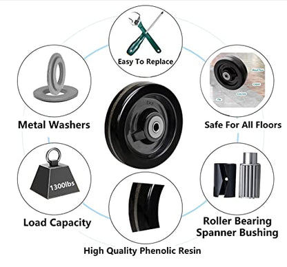 SY America 6"x2" Width 4 Pack Phenolic Wheel w/Rolling Bearing & Steel Bushing 1/2" Axle Diameter Casters Total Capacity 4800 lbs(6 inches Pack of 4) - size: 6" 4-pack [ 4 Wheel ]