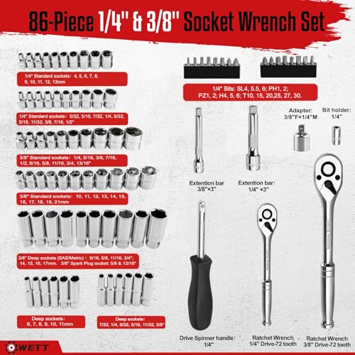 WETT 86‑Piece Socket Wrench Set, 1/4" & 3/8" Drive, Complete Mechanic Tools - size: 86pcs 1/4" & 3/8" (SAE/Metric, Deep/Shallow)
