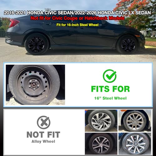 16inch Hubcaps Wheel Covers for 2016-2026 Honda Civic Sedan - color: Black