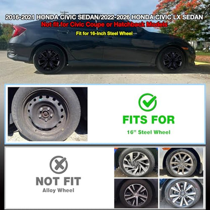 16inch Hubcaps Wheel Covers for 2016-2026 Honda Civic Sedan - color: Black