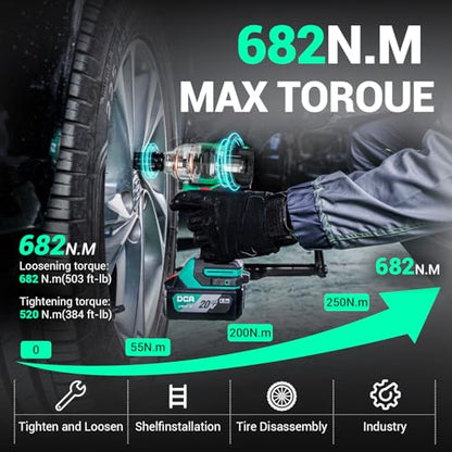 DCA Cordless Impact Wrench 1/2 INCH, Max 503Ft-lbs/682N.m Brushless Impact Gun, High Torque Electric Impact Driver with Hog Ring, 4 Modes with Smart Loosen Function, 2 * 4.0Ah Battery