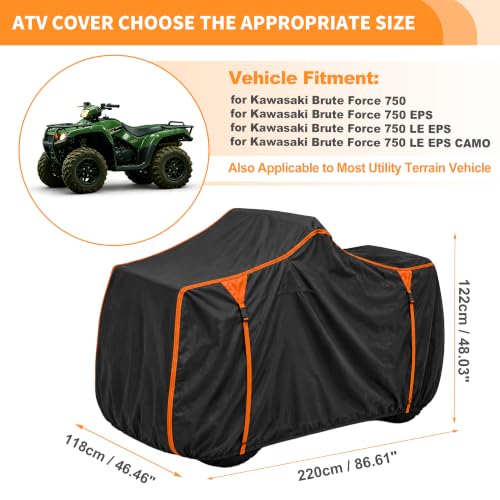 ATV Cover for Kawasaki Brute Force 750 Waterproof 4 Wheelers Quad Cover Outdoor Sun Rain Storage Protection 210D-PU Black, Orange 86.61x46.46x48.03in - size: for Kawasaki Brute Force 750