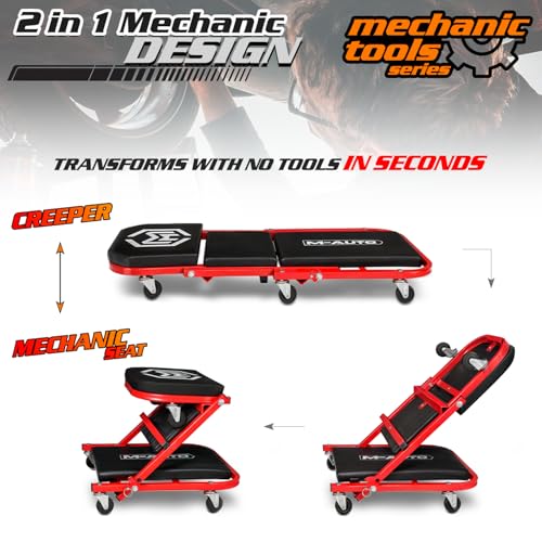 M-AUTO 40-Inch Folding Creeper Rolling Seat, All-in-One Adjustable Roller Garage Chair, Lay Down or Sit, 330LBS Capacity Under Car Roller Creeper with 6 Swivel Casters, Red - color: Red, size: 40"