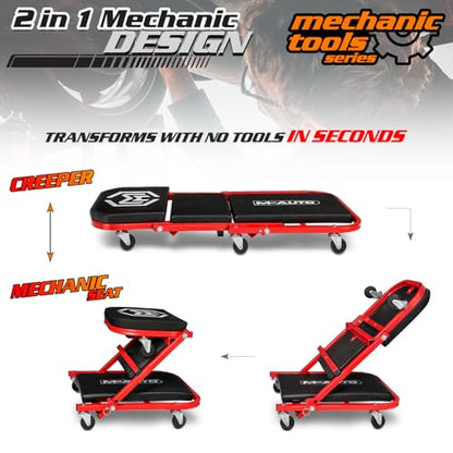M-AUTO 40-Inch Folding Creeper Rolling Seat, All-in-One Adjustable Roller Garage Chair, Lay Down or Sit, 330LBS Capacity Under Car Roller Creeper with 6 Swivel Casters, Red - color: Red, size: 40"