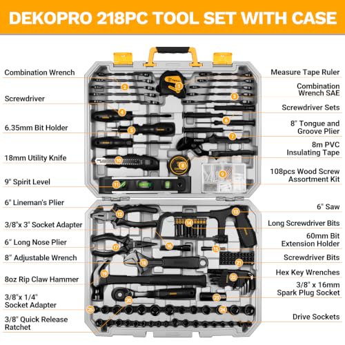 DEKOPRO 218-Piece General Household Hand Tool kit, Professional Auto Repair Tool Set for Homeowner, General Household Hand Tool Set with Plier, Screwdriver Set, Socket Set, with Portable Storage Case