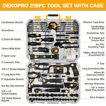 DEKOPRO 218-Piece General Household Hand Tool kit, Professional Auto Repair Tool Set for Homeowner, General Household Hand Tool Set with Plier, Screwdriver Set, Socket Set, with Portable Storage Case