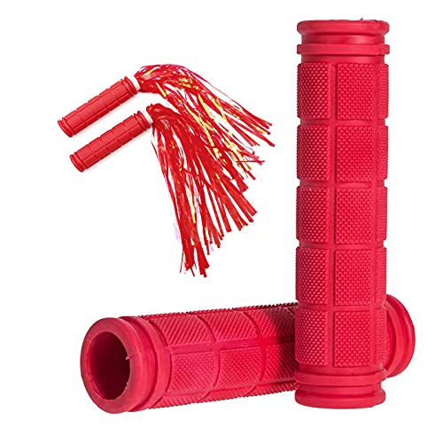 Bike Handlebar Grips with Tassel for Girls Boys and Kids - color: Red & Streamers