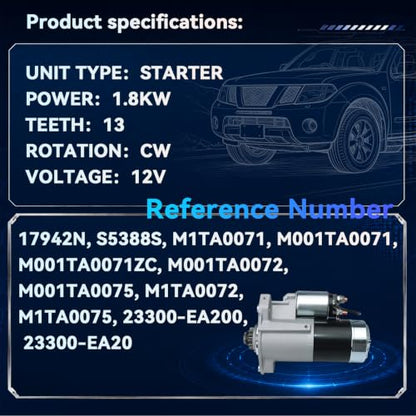 23300EA200 17942N Starter Motor for 2005-2019 Nissan Frontier, 2005-2010 2012 Pathfinder, 2005-2014 Xterra, 2009-2012 Suzuki Equator, 4.0L, 12V 1.8KW 13 Teeth CW - size: M1TA0071