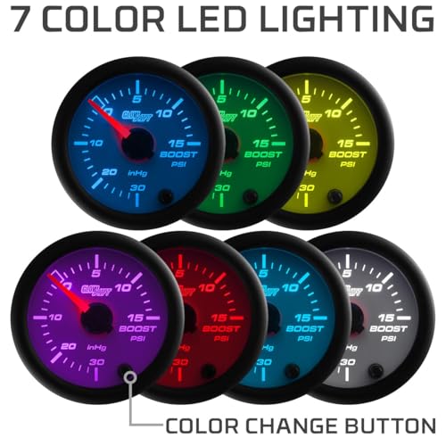 GlowShift White 7 Color 15 PSI Turbo Boost Vac Gauge Kit, 2-1/16" 52mm