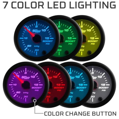 GlowShift White 7 Color 15 PSI Turbo Boost Vac Gauge Kit, 2-1/16" 52mm