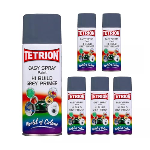 Tetrion Easy Spray Paint Primer - Hi-Build Gray Primer 400ml (Pack of 6) - Acrylic Spray Paint for Wood, Metal, Plastic, Ceramic & More - Smooth Base Coat for Paint - Indoor & Outdoor Use, 13.5 Oz - color: Primer - Grey, size: 13.53 Ounce (Pack of 6)