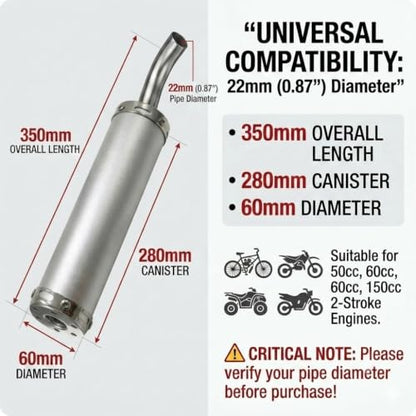 BADASS SHARKS 22mm 2-Stroke Exhaust Muffler For 50cc-150cc Dirt Bike - color: Metallic silver