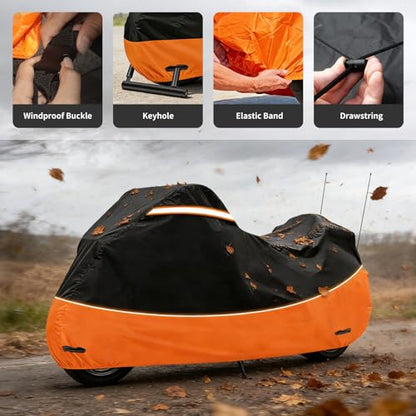 Motorcycle Cover Heavy Duty 420D Oxford Waterproof,Touring Motorcycle Cover Compatible with Harley Davidson Road King,Street Glide, Road Glide, Ultra Limited, CVO,Fits Motorcycles Up to 110" - size: 110"-Side+Top Box