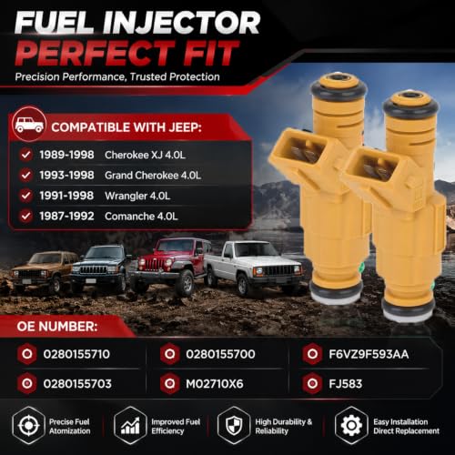 Fuel Injector 4‑Hole, Replacement for Jeep Cherokee, Grand Cherokee, Wrangler, Comanche 4.0L L6, Replace OE#0280155700,0280155710,53030343AB - size: 0280155700
