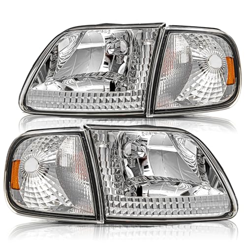 Aosky Halogen Headlights Assembly for 1997-03 Ford F150 Expedition - color: Chrome / Amber, style: w/o Bulbs