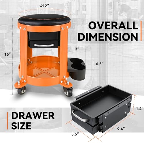 Auto Dynasty Mechanic Stool Chair w/Tool Tray & Rotatable Seat, Orange - color: Orange