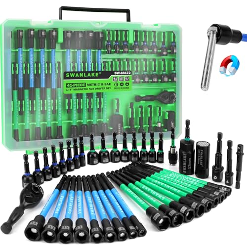 41-Piece Magnetic Nut Driver Set for Impact Drill Metric & SAE, Impact Socket Adapter, 2-IN-1 Ratchet Handle, Wing Nut Driver, Universal Socket, 1/4'' Quick-change Bit Holder - color: New Version Green
