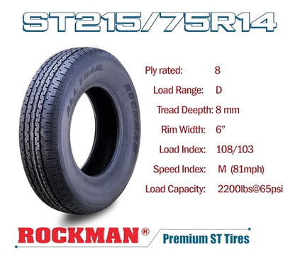 ROCKMAN Trailer Tire Wheel ST215/75R14 8PR D 107M 5X4.5" Black Mood Rim,Pk2 - size: ST215/75R14 8PR /5x4.5