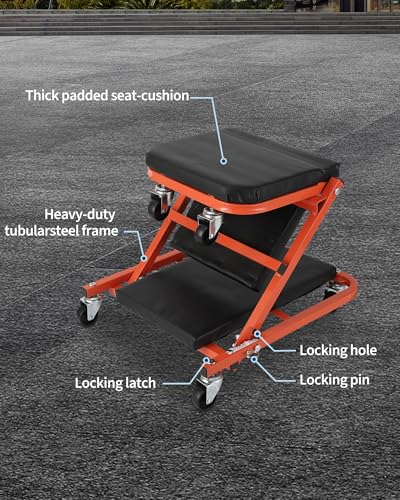 2-in-1 Z-Frame Mechanic Creeper Seat - Folding Heavy Duty Garage Roller, 6 Swivel Wheels, 330 lbs Capacity, Quick Convertible Under Car Crawler for Workshop Repair, Black + Orange