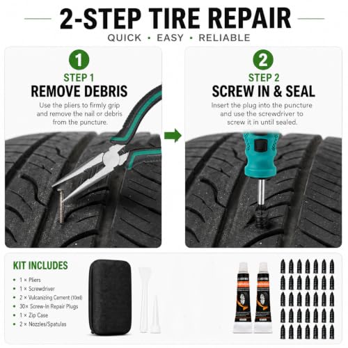 Tire Repair Screws Kit, Screw in Tire Plugs for Emergency Puncture Repair, Rubber Nail Screw in Tire Plug Kit with Pliers, Screwdriver & Rubber Cement for Tubeless Tires - color: Version C