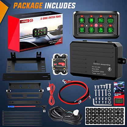 Nilight 8 Gang Switch Panel System Circuit Control Relay System Fuse Wiring Harness Automatic Dimmable ON Off LED Switch Pod for 12V Cars Trucks Campers SUV, 2 Years Warranty - color: Green, size: 8 Gang Switch