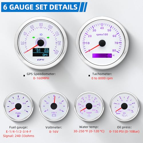 MH 6 Boat AUTO Gauge Set - 3-3/8" GPS Speedometer, Tachometer, 2-1/16" Oil Pressure, Fuel Level, Water Temperature, Voltmeter Marine Meter Kit Waterproof 7 Color (White) - color: White