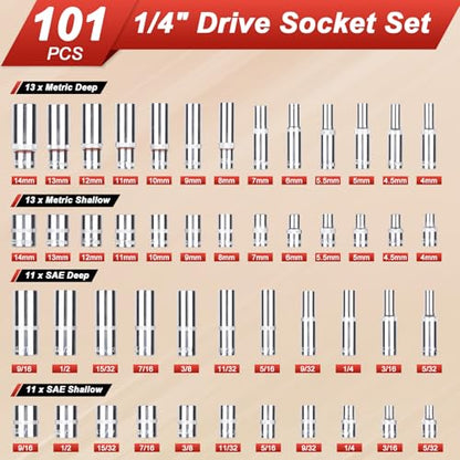 Egofine 1/4”Drive Socket Ratchet Wrench Set,101 PCS Metric(4-14mm),SAE(5/32-9/16”),with 72-Teeth Ratchet Wrench,Bit Socket Set,Extension Bar,Allen wrench for Auto Repair and Household - color: Red, size: 1/4" 101 PCS with 72 Teeth Ratchet