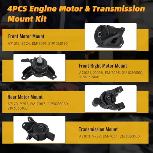 4pcs Engine Motor Transmission Mount Set Compatible with Hyundai Sonata 2011-2014 L4 2.4L -Gas, Automatic Transmission Replace A71015 A71081 A7170 A71011