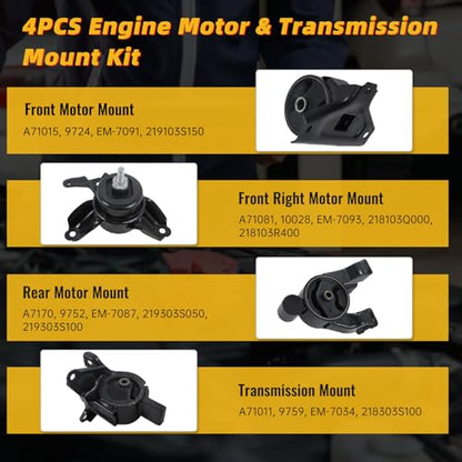 4pcs Engine Motor Transmission Mount Set Compatible with Hyundai Sonata 2011-2014 L4 2.4L -Gas, Automatic Transmission Replace A71015 A71081 A7170 A71011