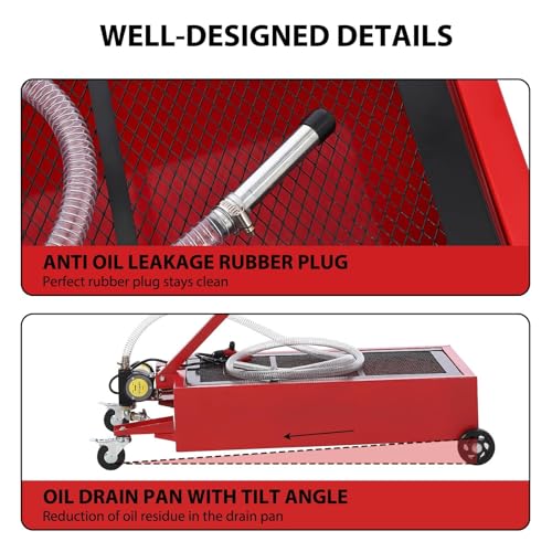 Low Profile Oil Drain Pan with Electric Pump, 20 Gallon Portable Oil Drain Cart for Cars, SUVs, Trucks – Foldable Handle, 7.5 Ft Hose & Swivel Casters, Leak-Proof Container, Red