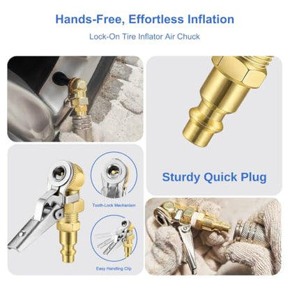 Upgraded 2 Pcs 1/4 Inch NPT Locking Air Chuck, Quick Connect Clip-On Air Chucks for Tires, Closed Ball Tire Inflator Nozzle with Clip, Fits Truck RV Auto Car Motorcycle and Bike