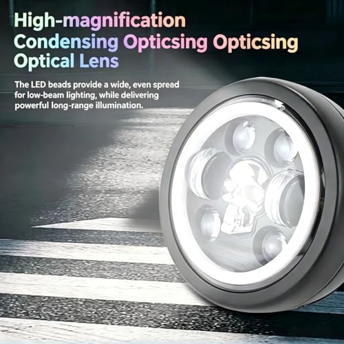 6.69 Inch Motorcycle LED Headlight with Mounting Brackets Assembly, Skull Pattern Round Headlamp with High/Low Beam Turn Signal DRL for Cafe Racer E-bike Bobber Chopper - size: 6.69'' skull headlight with housing brackets