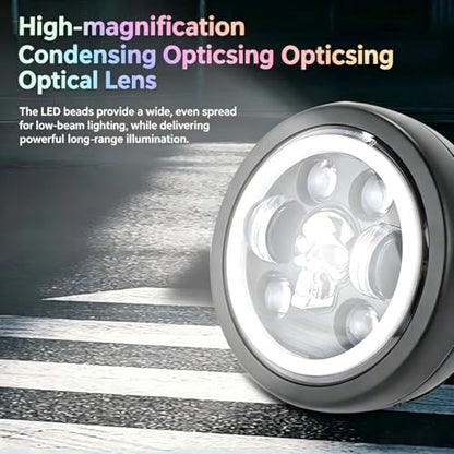 6.69 Inch Motorcycle LED Headlight with Mounting Brackets Assembly, Skull Pattern Round Headlamp with High/Low Beam Turn Signal DRL for Cafe Racer E-bike Bobber Chopper - size: 6.69'' skull headlight with housing brackets