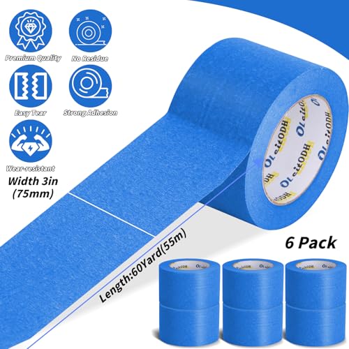 6 Pack Blue Painters Tape 3" x 60 Yards Wide Masking Tape for Painting - color: Blue, size: 3In x 60Y - 6Pack
