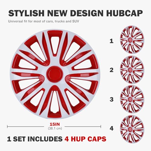 15 Inch Universal Hubcaps, Set of 4 R15 ABS Wheel Rim Cover - color: 5083-White & Red-15